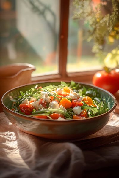 Bunt gemischter Salat vor Fensterlicht