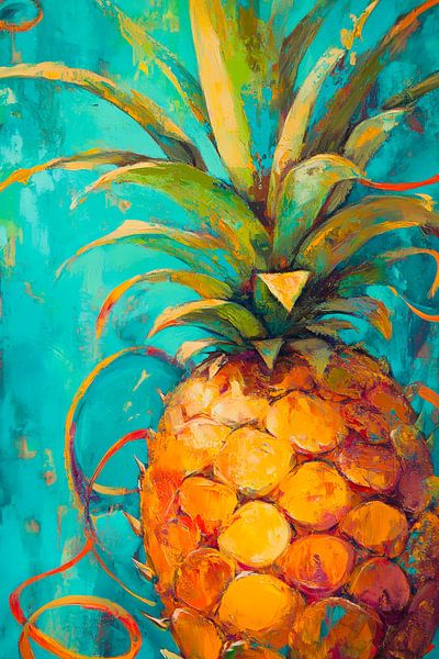 Bunte Ananas vor aquarellblauem Hintergrund