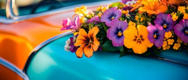 Bunte Blumen auf Oldtimer-Karosserie