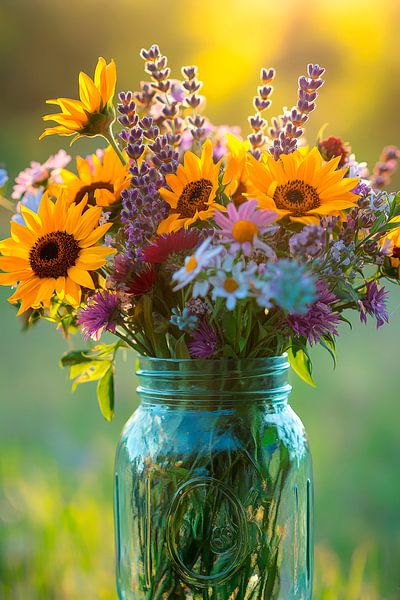 Bunte Blumen in einem Glasvasenarrangement