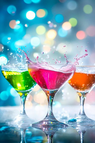 Bunte Cocktails mit Spritzern im Licht