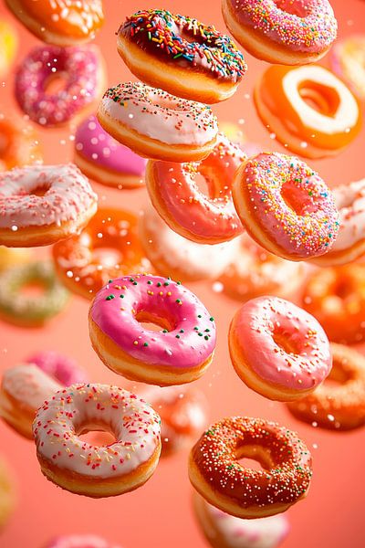 Bunte Donuts in der Luft – Süße Versuchung