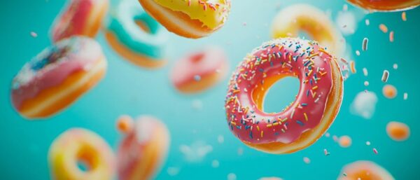 Bunte Donuts in der Luft – Verspielt und Fröhlich