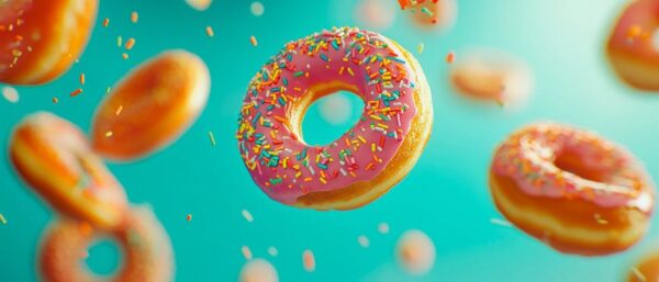 Bunte Donuts in der Schwerelosigkeit