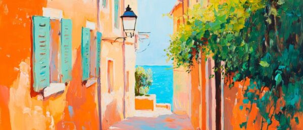 Bunte Gasse am Meer – Mediterranes Flair