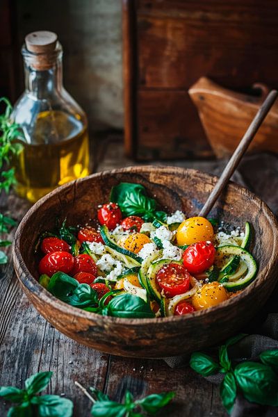 Bunte Gemüsesalat-Kreation im Holzschüssel