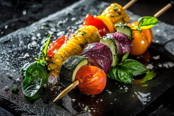 Bunte Grillspieße auf schwarzem Steinplatte