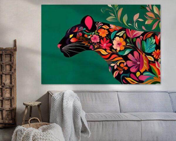 Bunte Jaguarsilhouette mit floralen Motiven