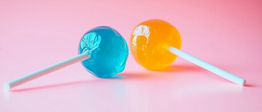 Bunte Lutscher auf pastellfarbenem Untergrund