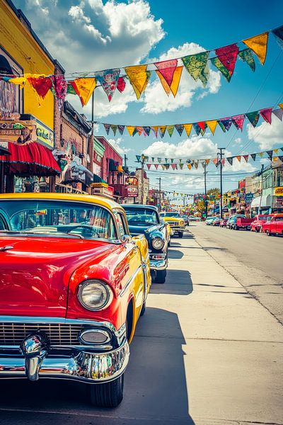 Bunte Oldtimerstraße mit Fahnen