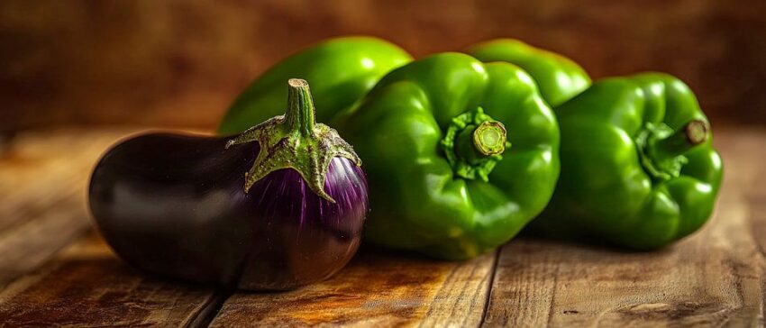 Bunte Paprika und Aubergine auf Holz