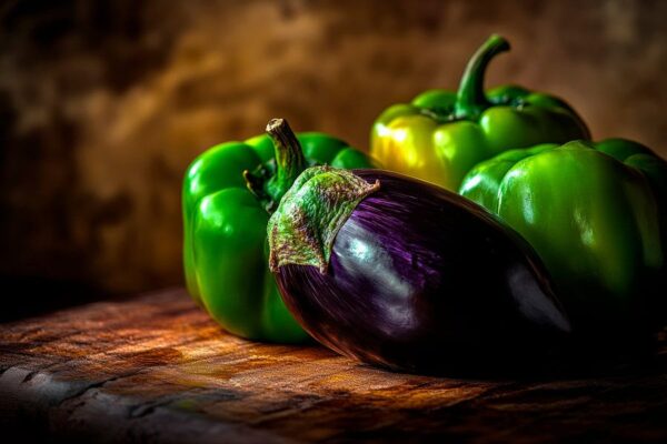 Bunte Paprika und Aubergine im Fokus