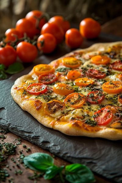 Bunte Pizza mit frischen Tomaten und Basilikum