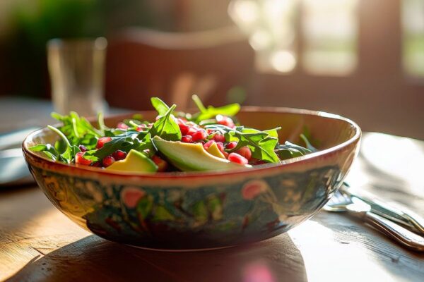 Bunte Salatschüssel im Morgenlicht