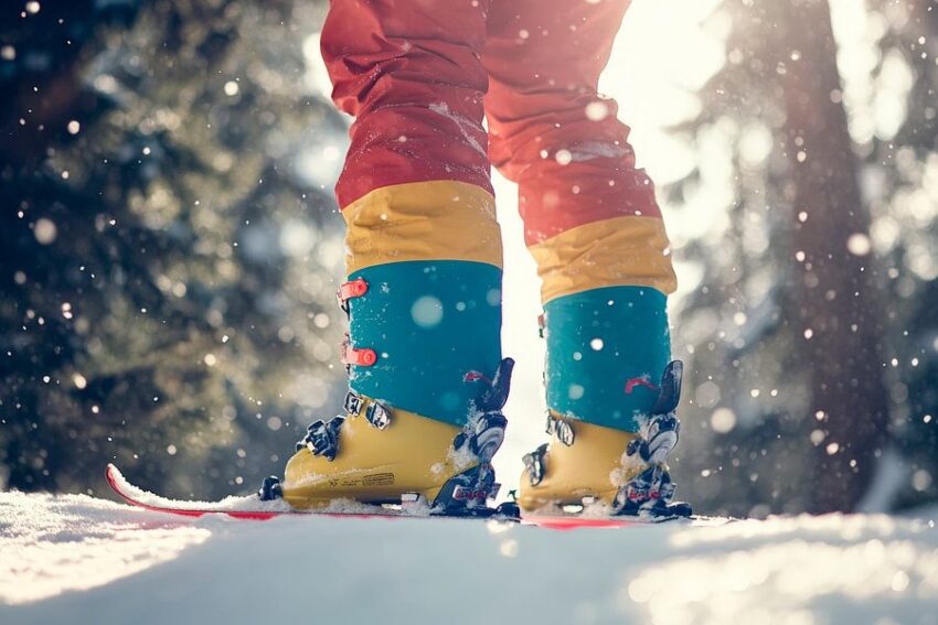 Bunte Skischuhe im Schneefall