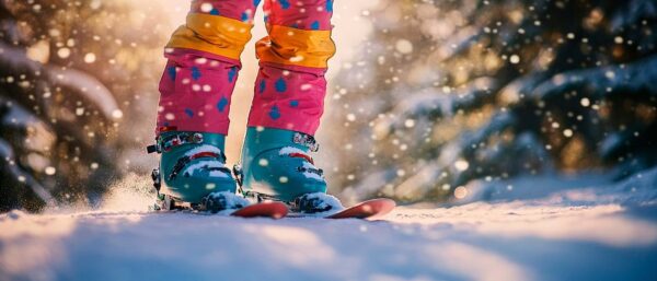 Bunte Skischuhe im verschneiten Wald