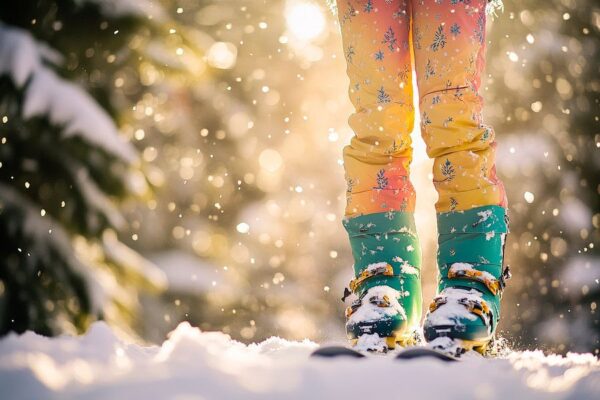 Bunte Skisocken im Winterwald