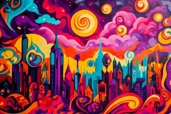 Bunte Skyline mit surrealem Himmel