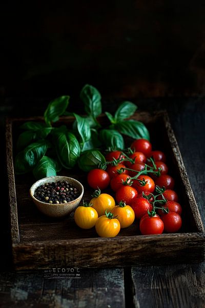 Bunte Tomaten und frisches Basilikum