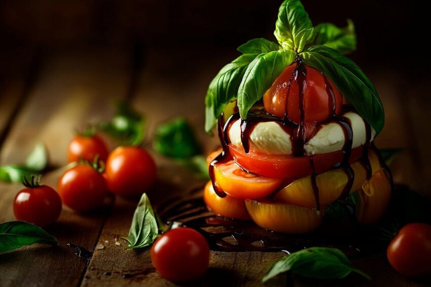 Bunte Tomaten- und Mozzarella-Turmkunst