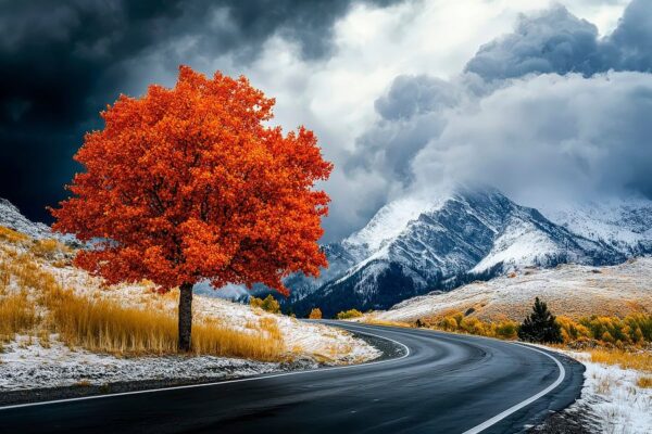 Bunter Baum neben kurviger Straße