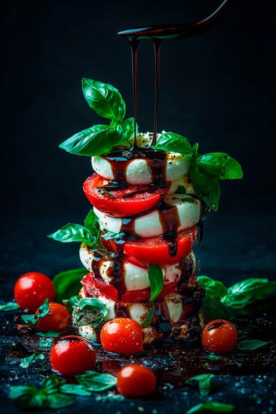 Bunter Caprese-Turm mit Balsamico-Glanz