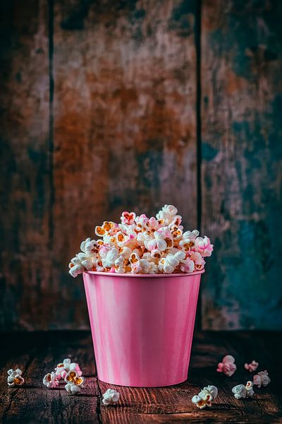 Bunter Popcorn-Eimer auf Holztisch