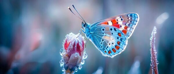 Bunter Schmetterling im Morgennebel