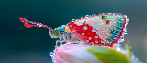 Bunter Schmetterling im Morgentau