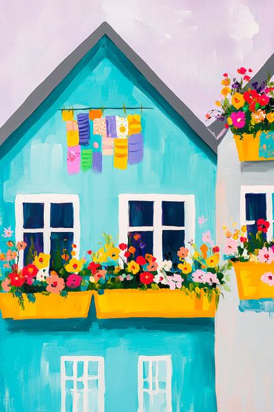 Buntes Haus mit Blumen und Wäscheleine