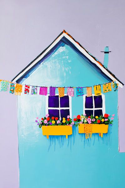 Buntes Haus mit Blumen und Wimpel – Fröhlich