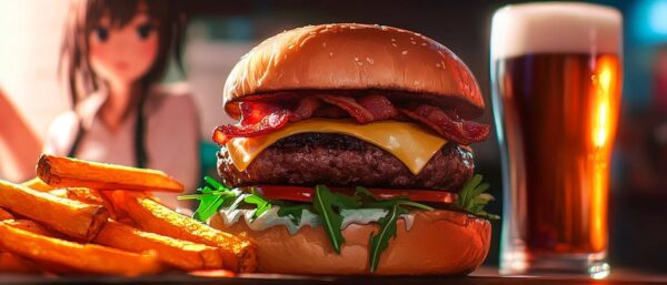 Burger mit Pommes und Bier im Fokus