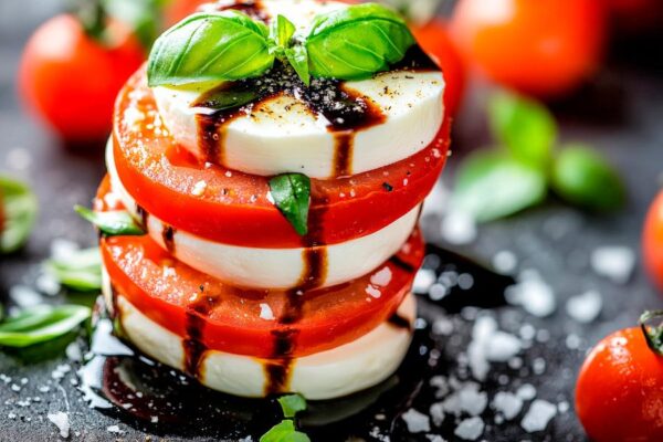 Caprese-Turm mit Basilikum und Tomate