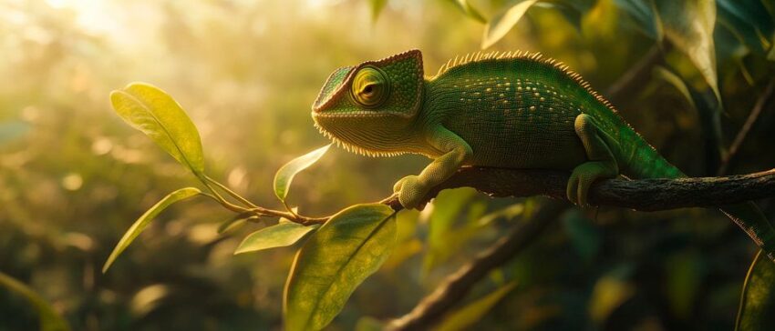 Chameleon auf einem Zweig im Licht