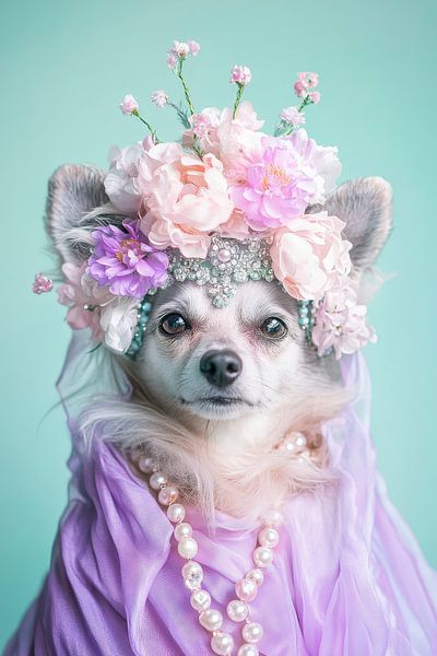 Chihuahua im Blumenschmuck und Lila-Tuch