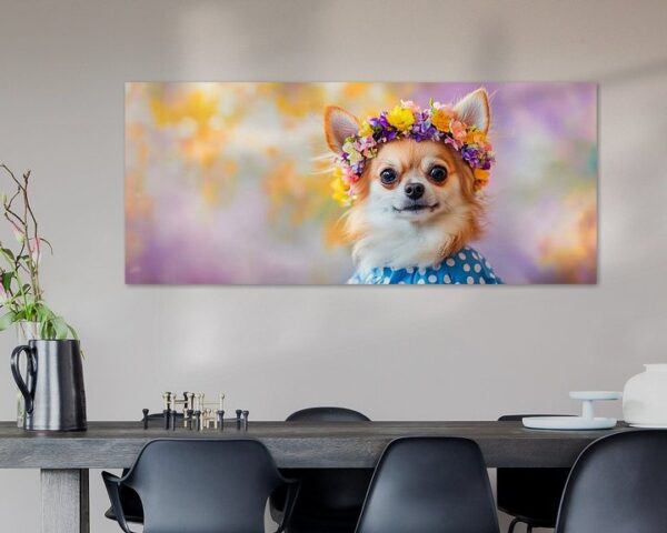 Chihuahua mit Blumenkranz – Bunt und Fröhlich