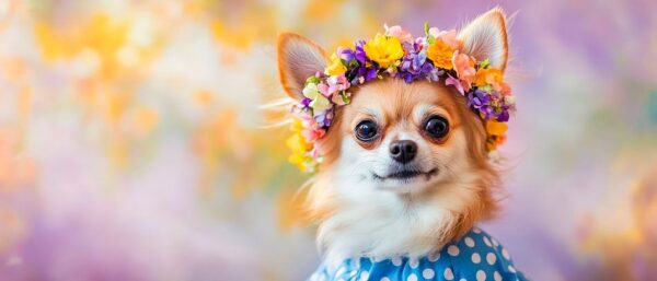 Chihuahua mit Blumenkranz – Bunt und Fröhlich