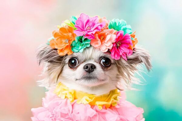 Chihuahua mit Blumenkranz – Fröhlich und bunt