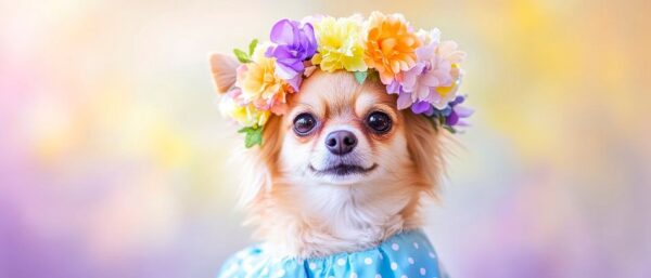 Chihuahua mit Blumenkranz – Frühlingszauber