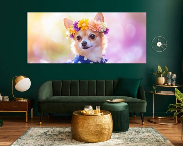 Chihuahua mit Blumenkranz im Sonnenlicht