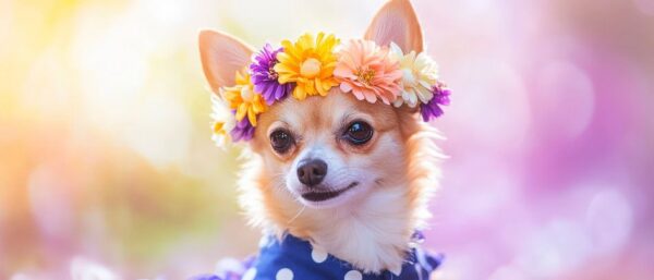 Chihuahua mit Blumenkranz im Sonnenlicht