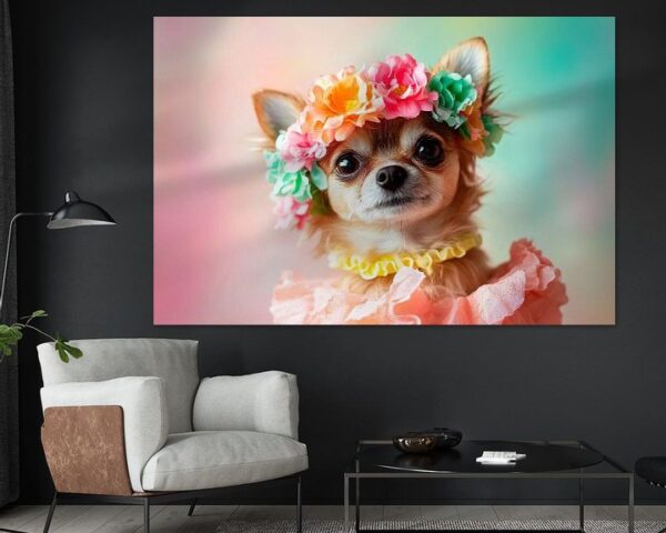 Chihuahua mit Blumenkranz und Kleid