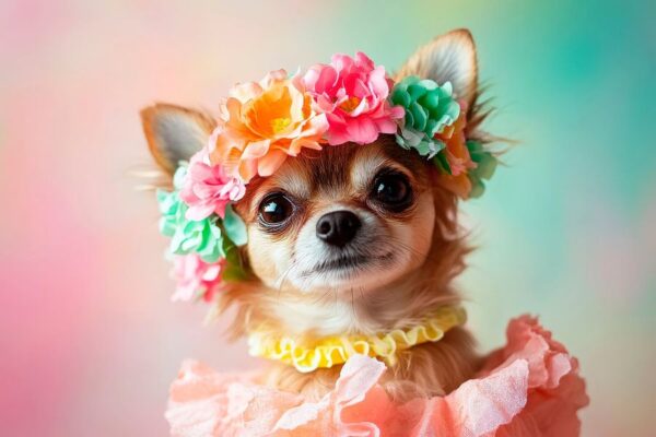 Chihuahua mit Blumenkranz und Kleid