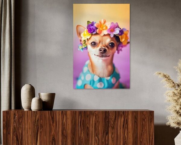 Chihuahua mit Blumenkranz und Kleidchen