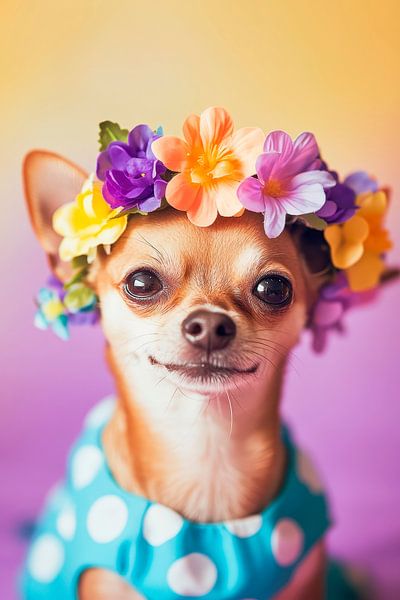 Chihuahua mit Blumenkranz und Kleidchen