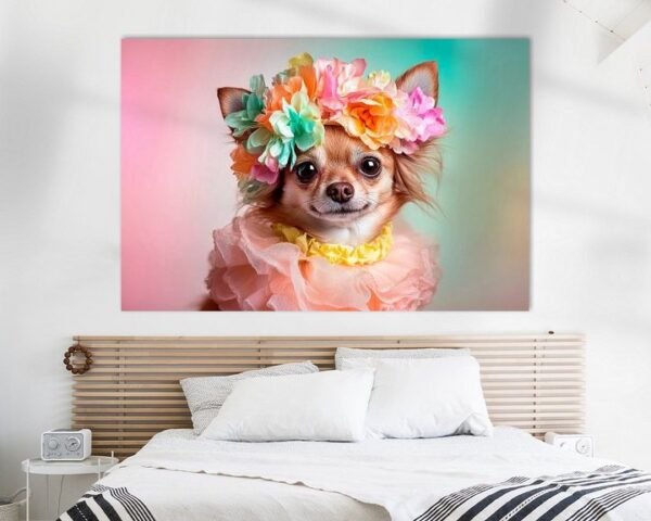 Chihuahua mit Blumenkranz und Rüschenkleid