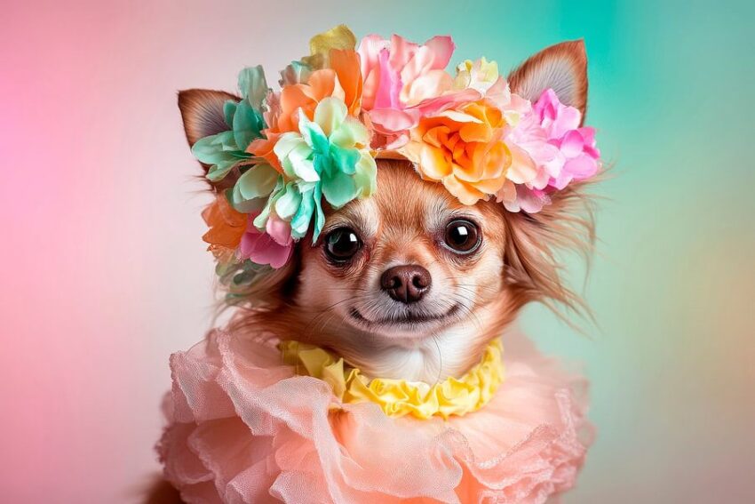 Chihuahua mit Blumenkranz und Rüschenkleid