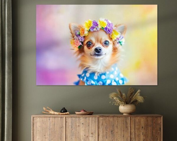 Chihuahua mit Blumenkranz und Schleife