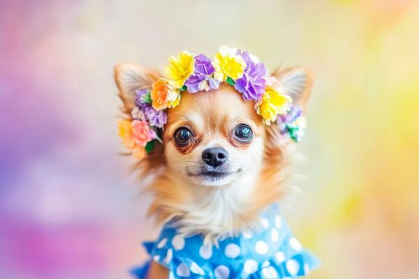 Chihuahua mit Blumenkranz und Schleife