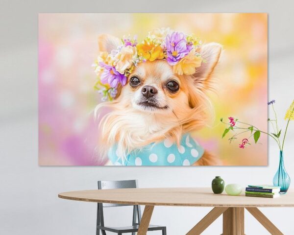 Chihuahua mit Blumenkranz und Tuch